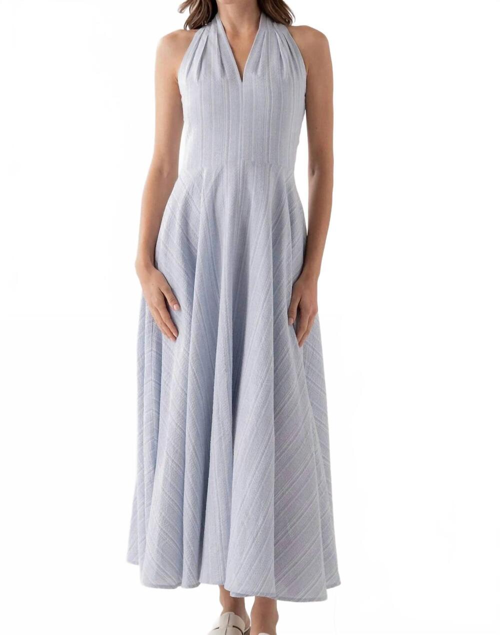 NEW ELLE GREY v-neck midi stress pinstripe dress in blue/white